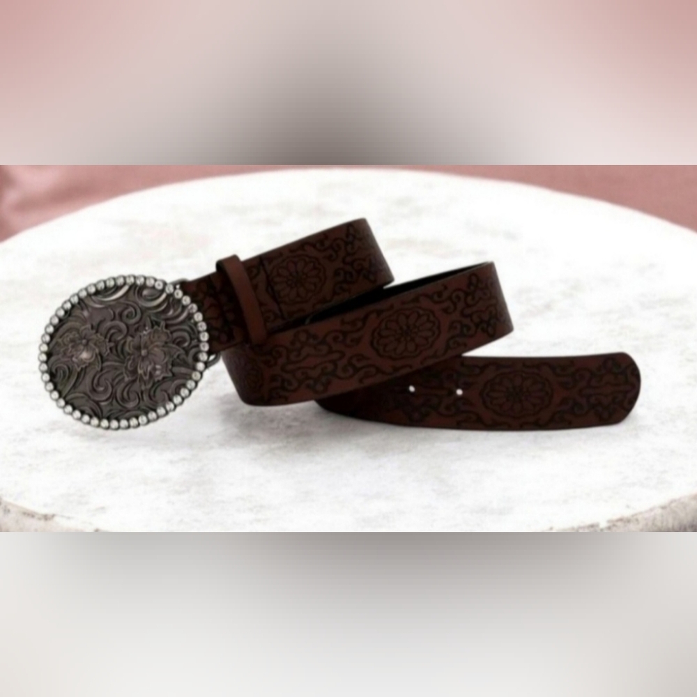 Womens Accessories Rhinestone Oval Floral Real Leather Cowboy Belt - Picture 4 of 9